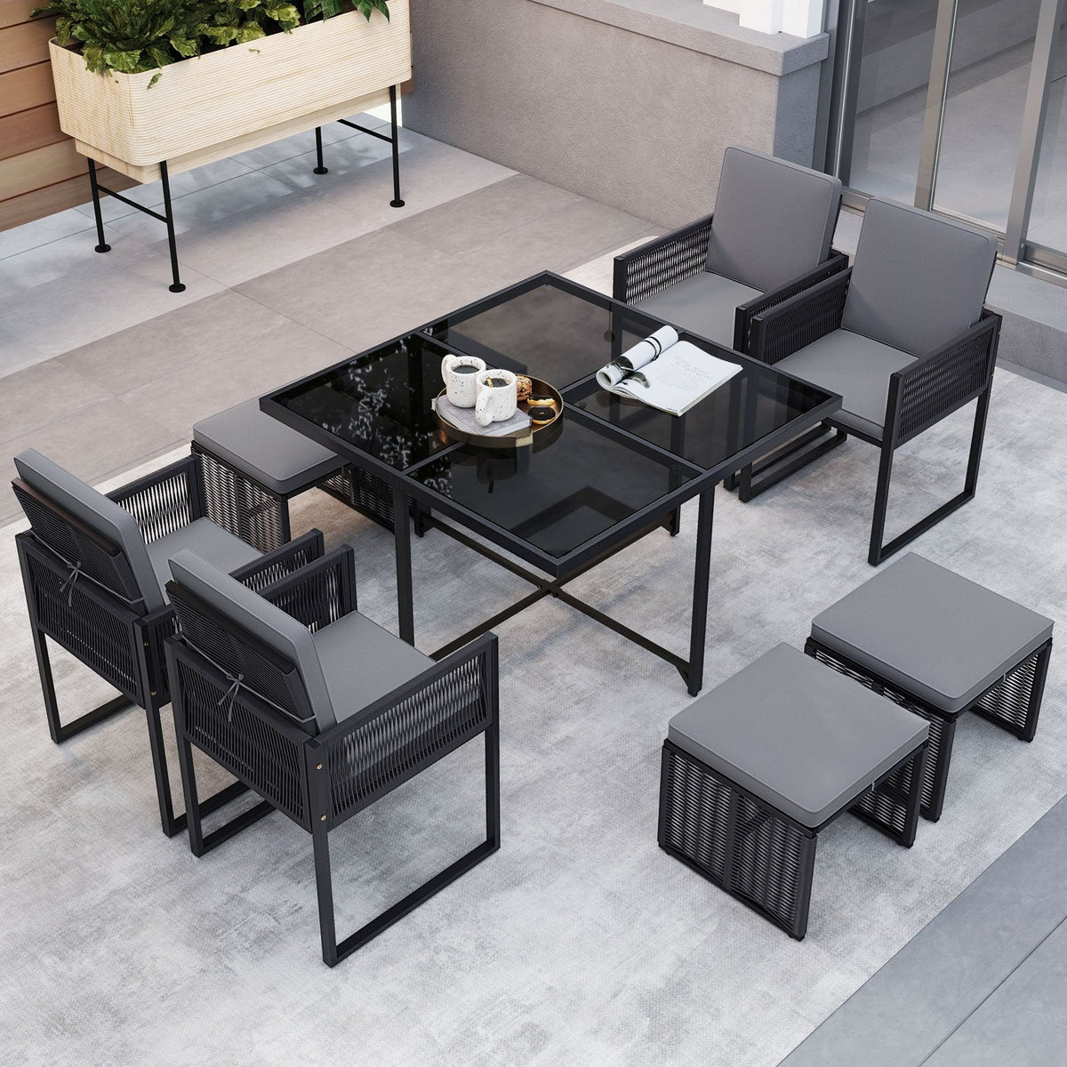 9 Piece Rattan Patio Dining Set with 4 Chairs, 4 Ottomans and Glass Top Table, Gray
