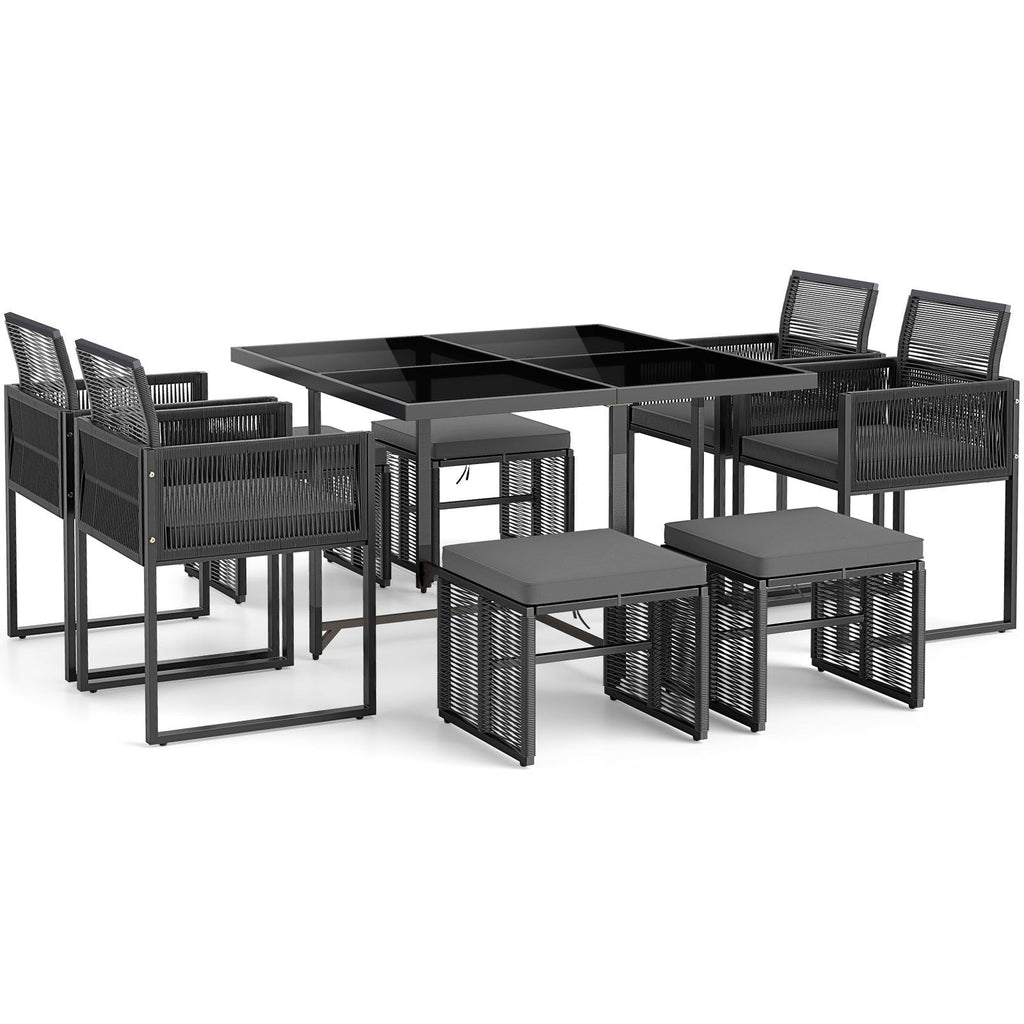 9 Piece Rattan Patio Dining Set with 4 Chairs, 4 Ottomans and Glass Top Table, Gray