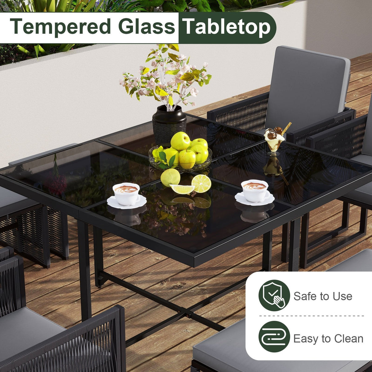 9 Piece Rattan Patio Dining Set with 4 Chairs, 4 Ottomans and Glass Top Table, Gray