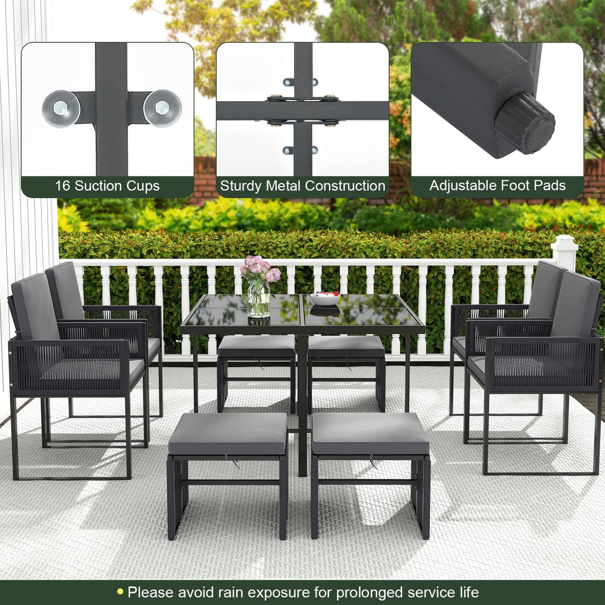 9 Piece Rattan Patio Dining Set with 4 Chairs, 4 Ottomans and Glass Top Table, Gray