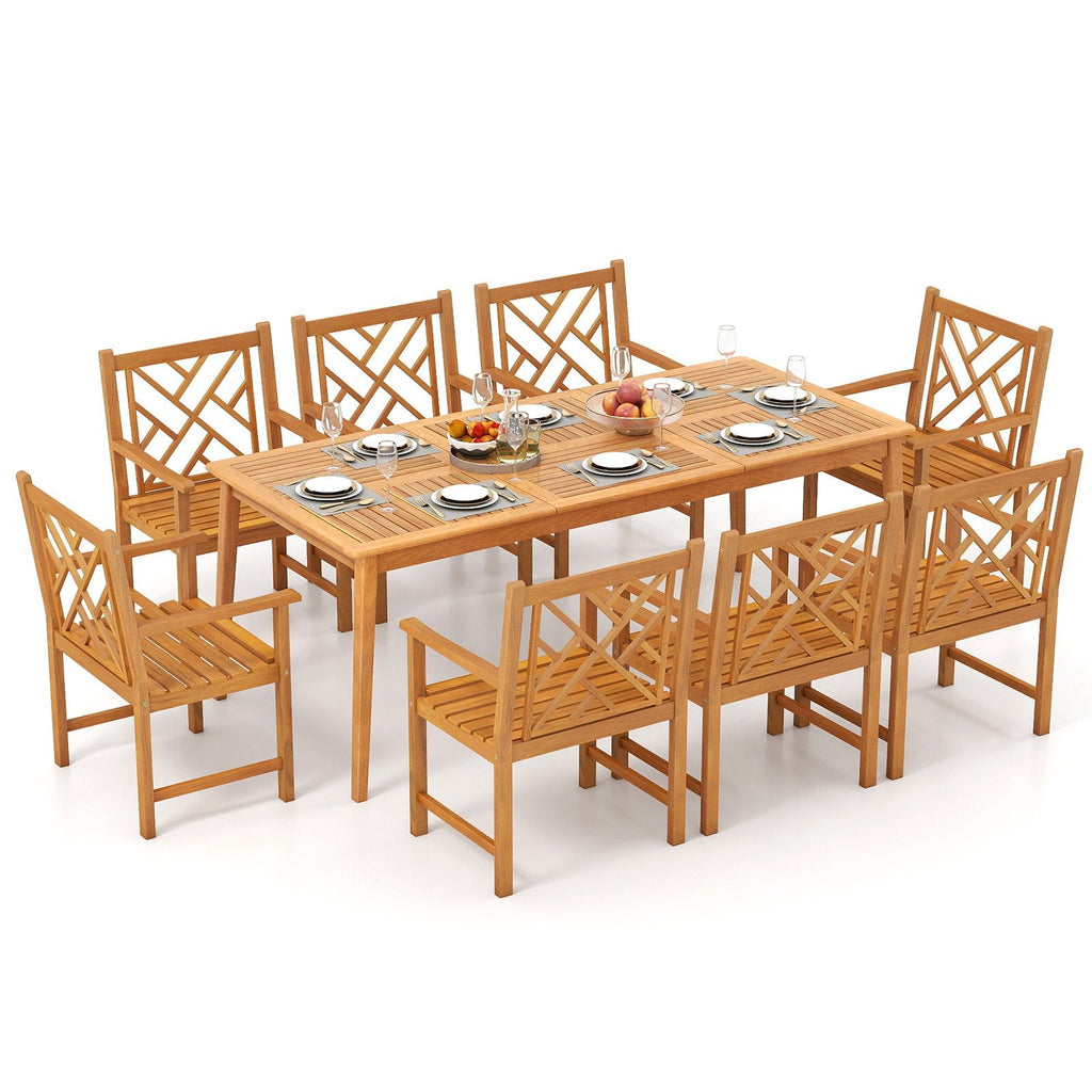 9 Piece Solid Acacia Patio Dining Set for 8, 80 Inch Table and Eight Lattice Back Armchairs, Paintable