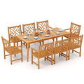 9 Piece Solid Acacia Patio Dining Set for 8, 80 Inch Table and Eight Lattice Back Armchairs, Paintable