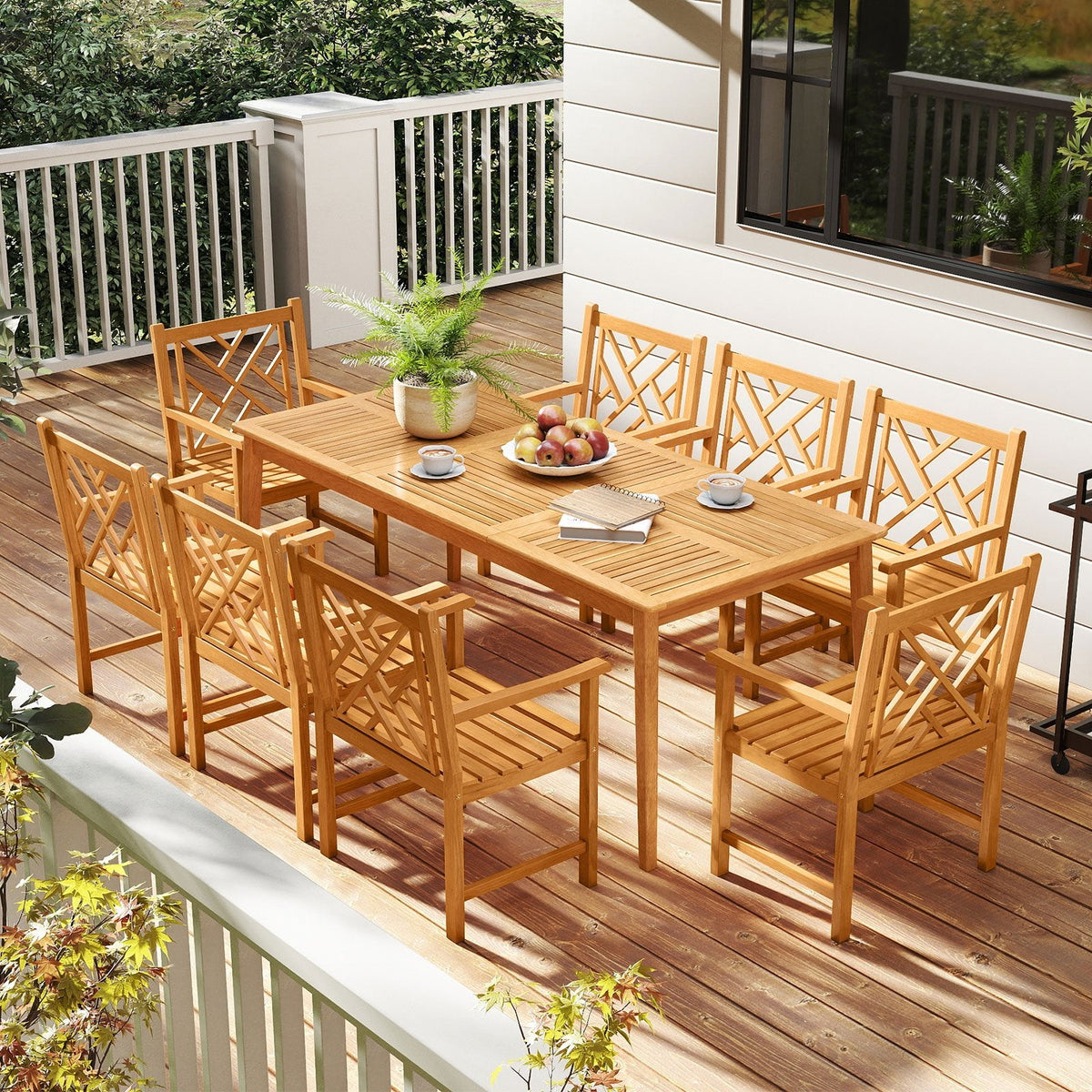9 Piece Solid Acacia Patio Dining Set for 8, 80 Inch Table and Eight Lattice Back Armchairs, Paintable