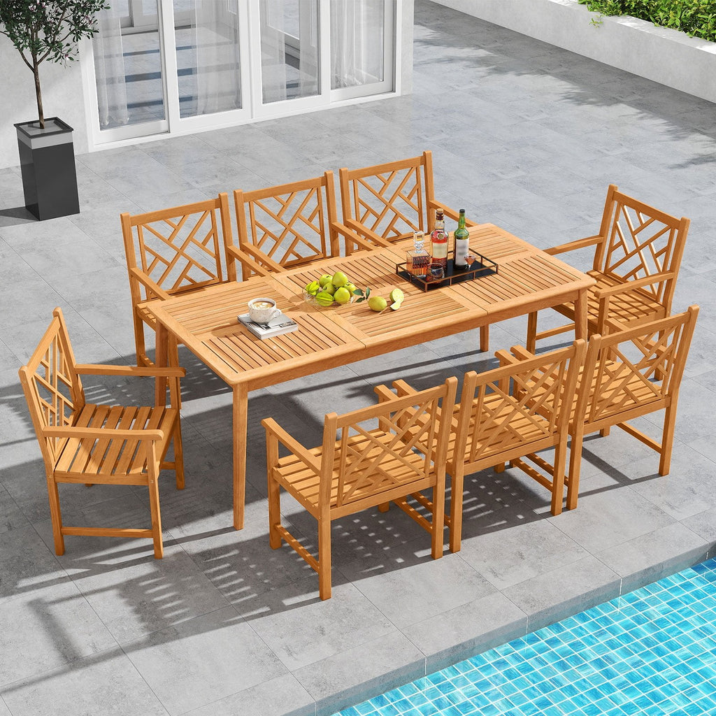 9 Piece Solid Acacia Patio Dining Set for 8, 80 Inch Table and Eight Lattice Back Armchairs, Paintable