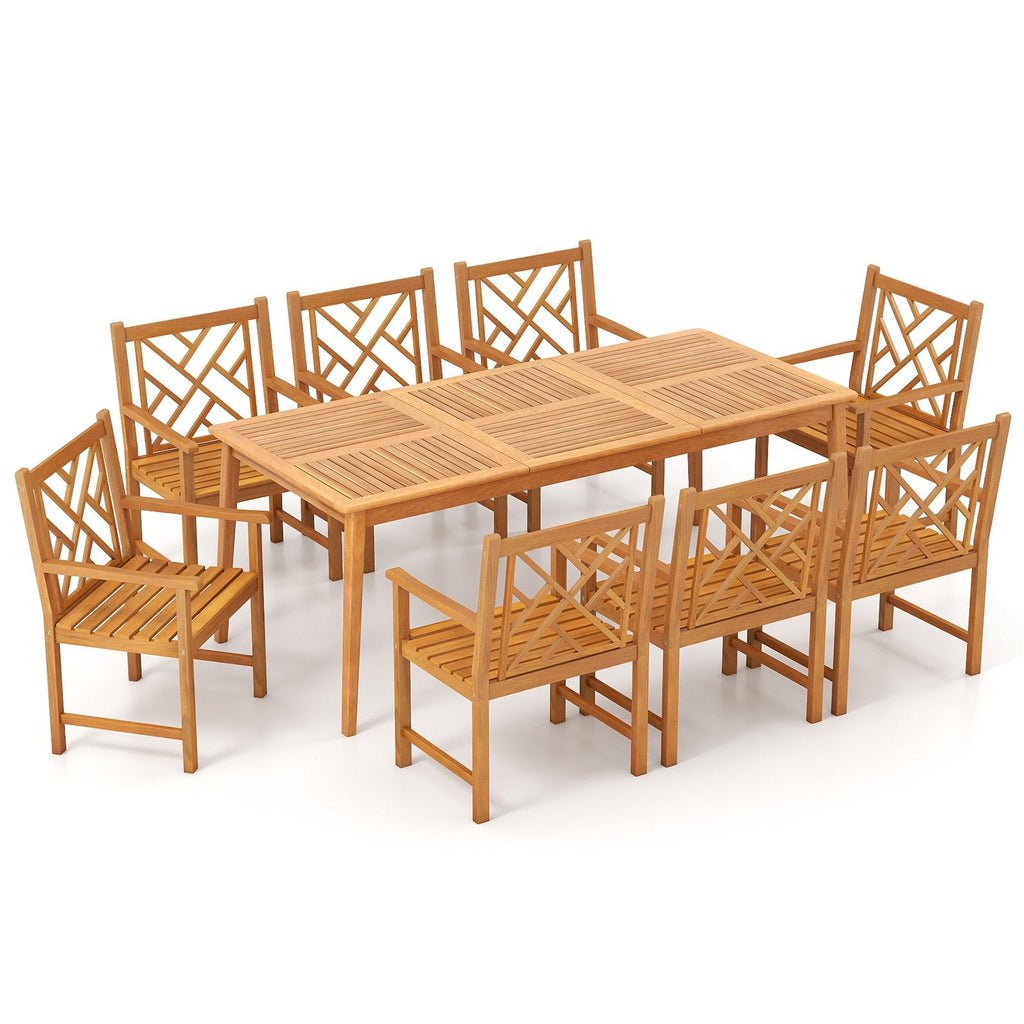 9 Piece Solid Acacia Patio Dining Set for 8, 80 Inch Table and Eight Lattice Back Armchairs, Paintable
