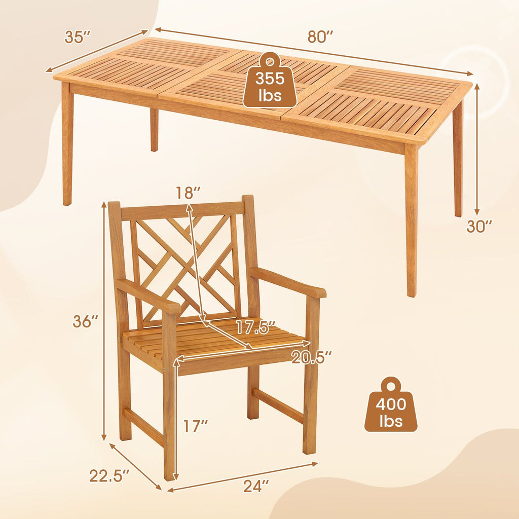 9 Piece Solid Acacia Patio Dining Set for 8, 80 Inch Table and Eight Lattice Back Armchairs, Paintable
