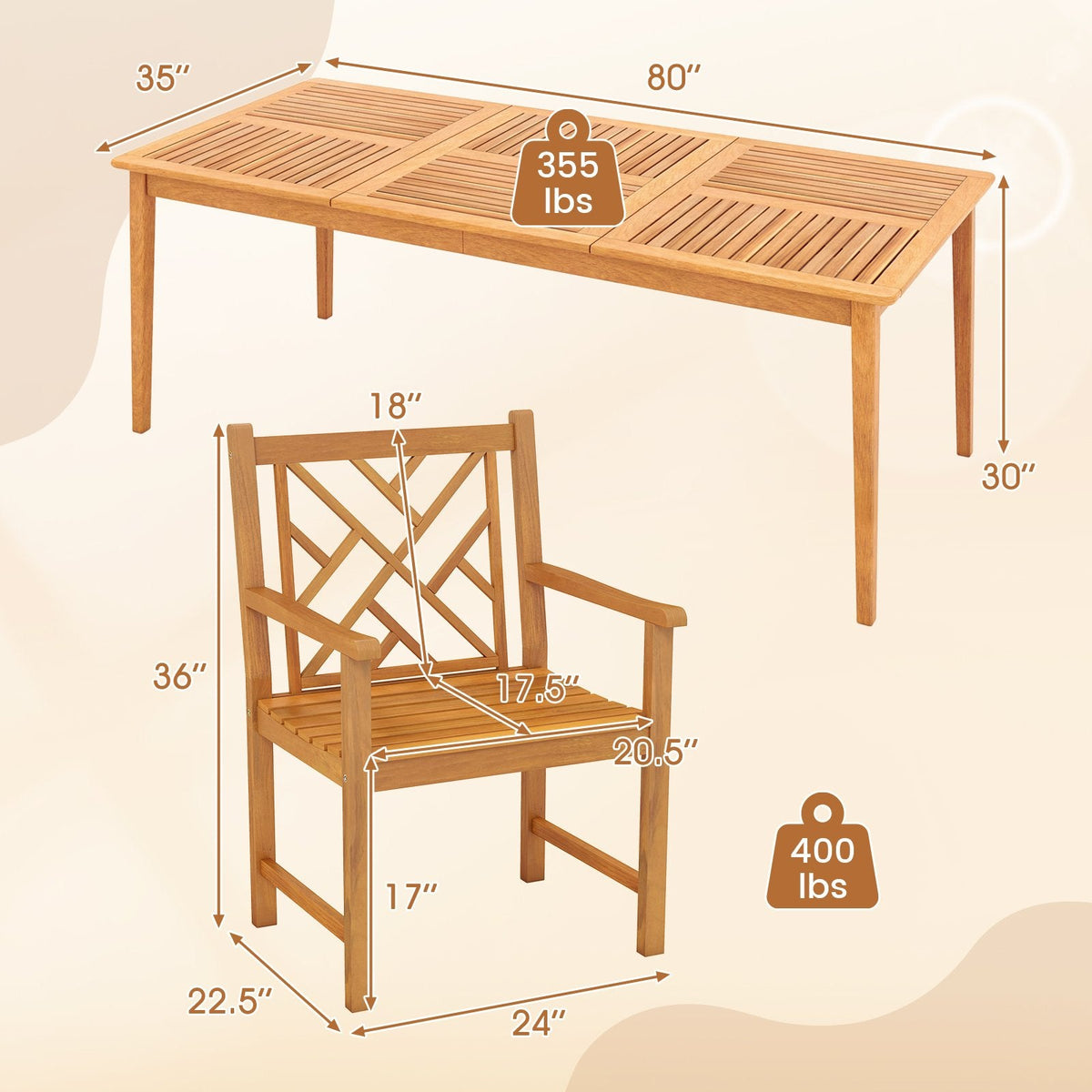 9 Piece Solid Acacia Patio Dining Set for 8, 80 Inch Table and Eight Lattice Back Armchairs, Paintable