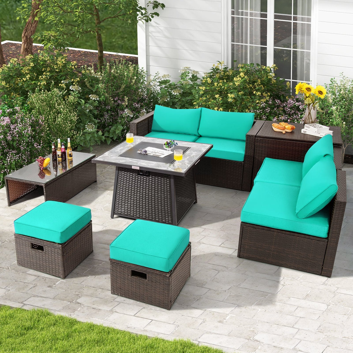 9 Piece Wicker Sectional Set with 50000 BTU Fire Pit Table, Six Seats and Three Storage Pieces, Turquoise
