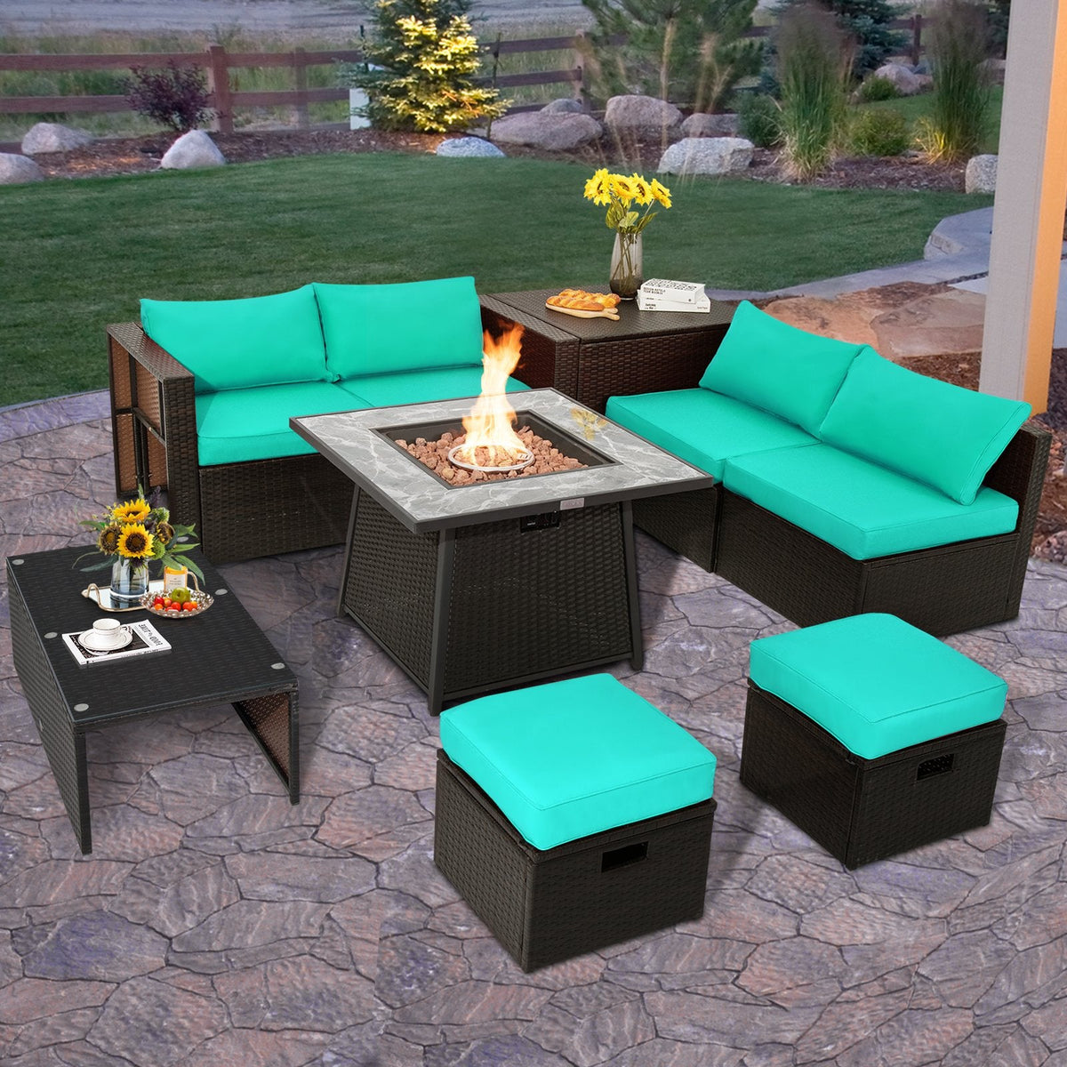9 Piece Wicker Sectional Set with 50000 BTU Fire Pit Table, Six Seats and Three Storage Pieces, Turquoise