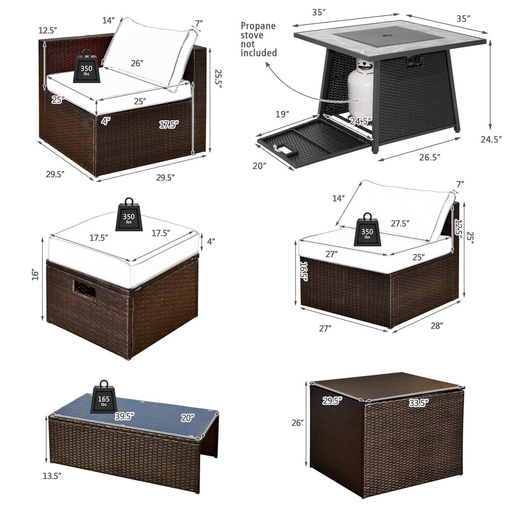 9 Piece Wicker Sectional Set with 50000 BTU Fire Pit Table, Six Seats and Three Storage Pieces, Turquoise