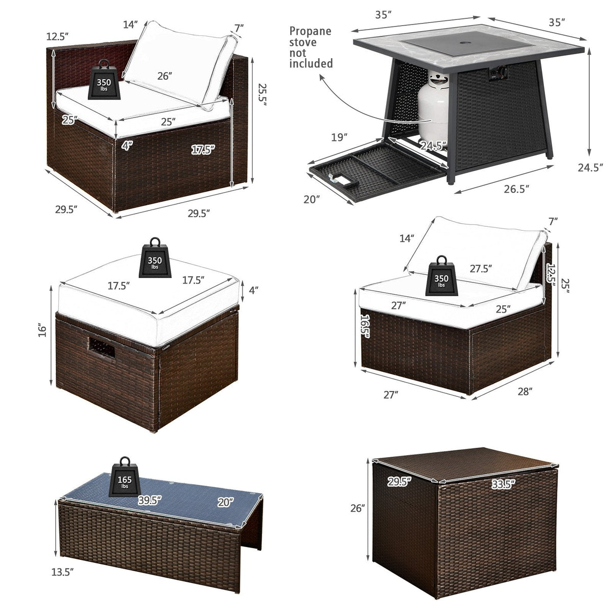 9 Piece Wicker Sectional Set with 50000 BTU Fire Pit Table, Six Seats and Three Storage Pieces, Turquoise