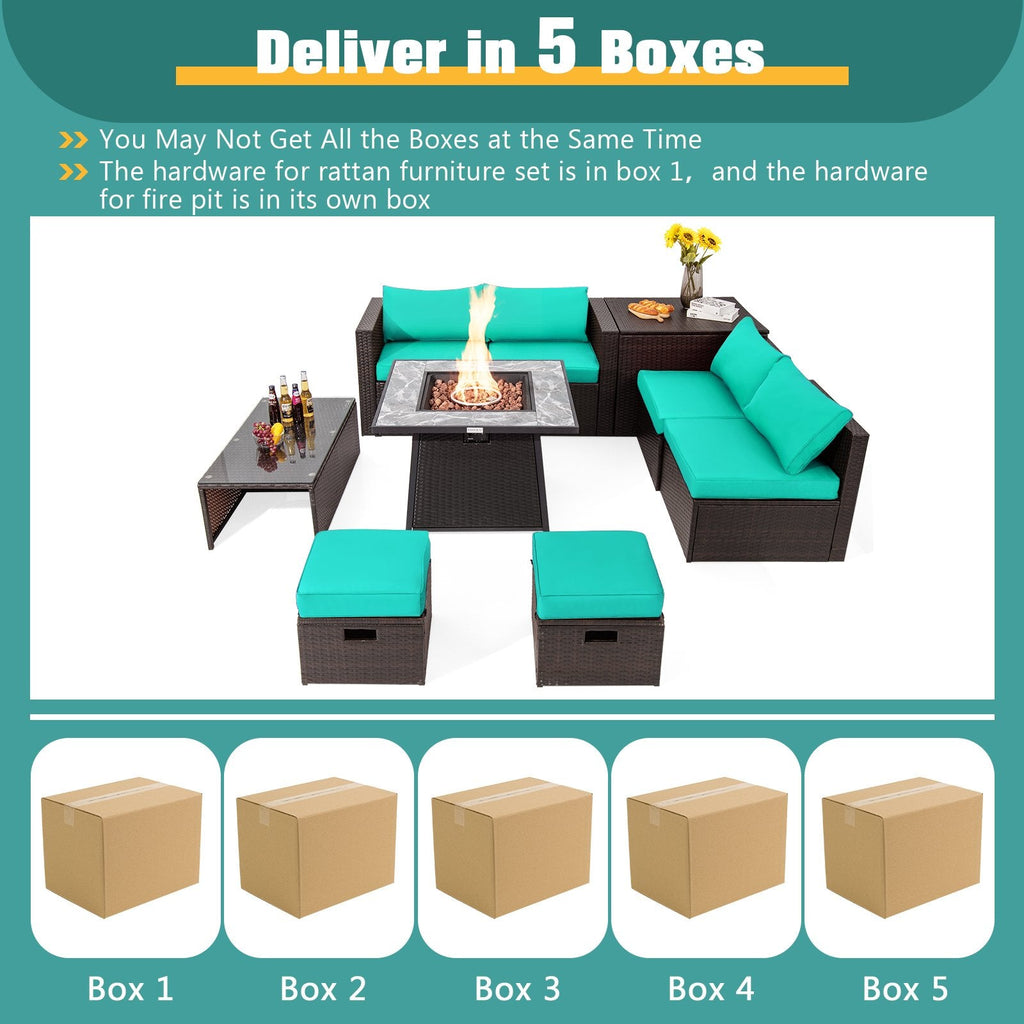 9 Piece Wicker Sectional Set with 50000 BTU Fire Pit Table, Six Seats and Three Storage Pieces, Turquoise