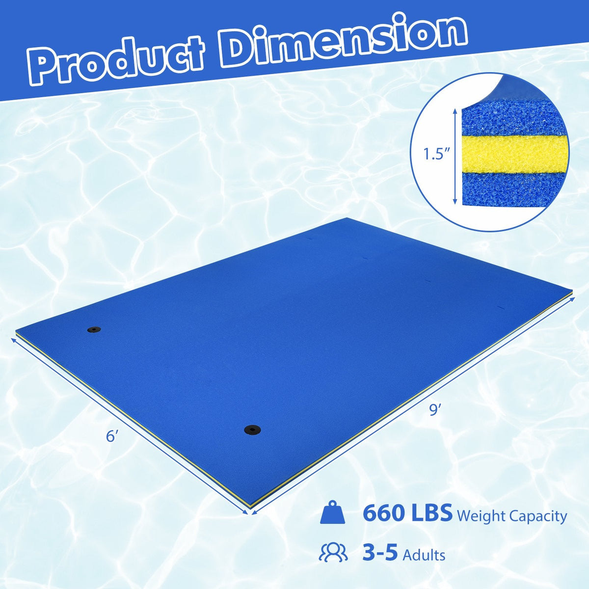 9 ft x 6 ft 3 Layer Floating Water Pad Foam Mat -Blue