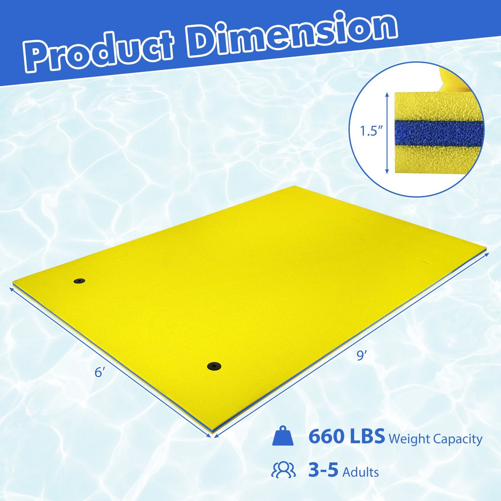 9 ft x 6 ft 3 Layer Floating Water Pad Foam Mat -Yellow
