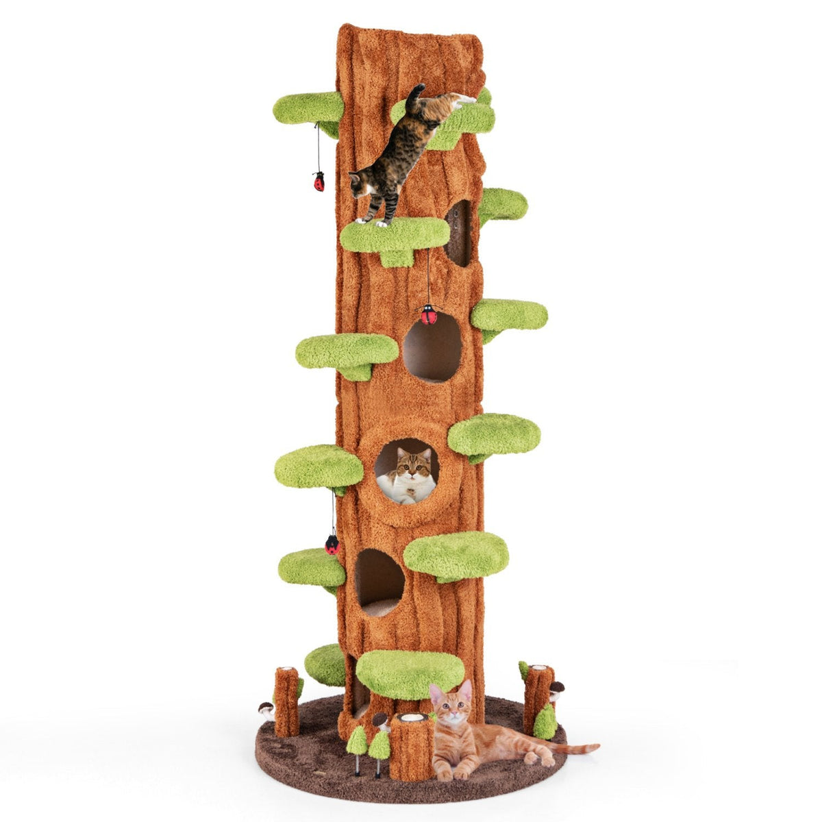 90.5 Inch Tree Trunk Cat Tower with Three Hollow Condos and Leaf Platforms