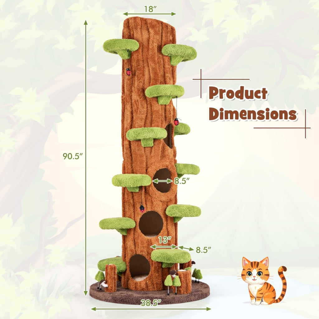 90.5 Inch Tree Trunk Cat Tower with Three Hollow Condos and Leaf Platforms