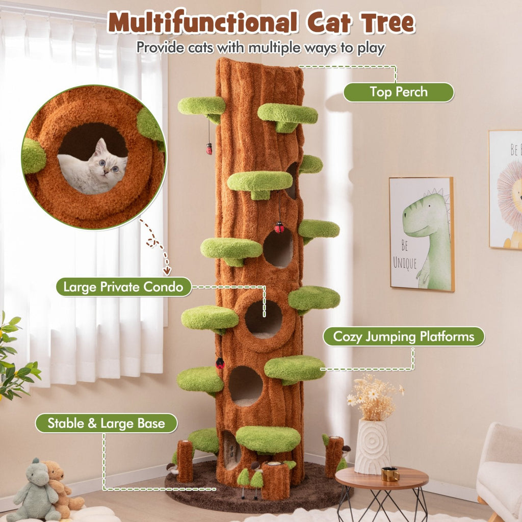 90.5 Inch Tree Trunk Cat Tower with Three Hollow Condos and Leaf Platforms