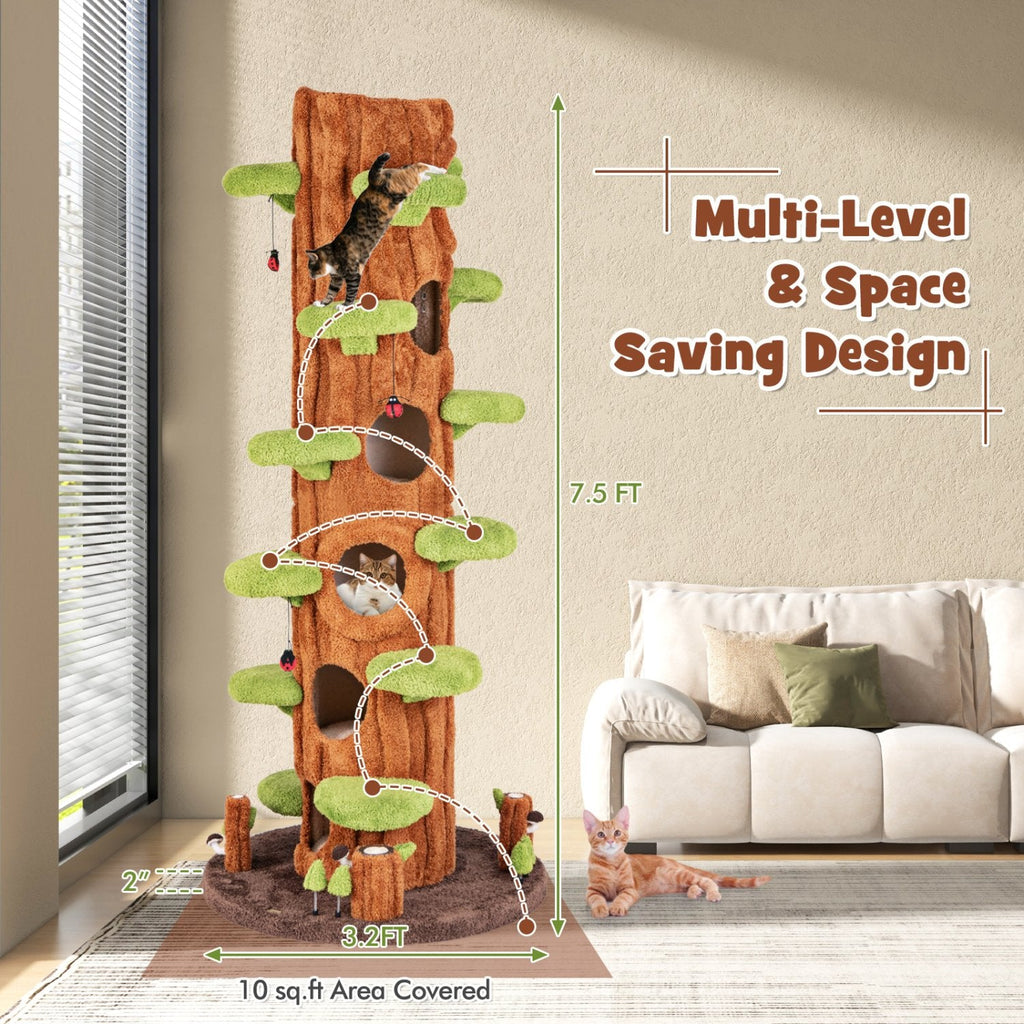 90.5 Inch Tree Trunk Cat Tower with Three Hollow Condos and Leaf Platforms