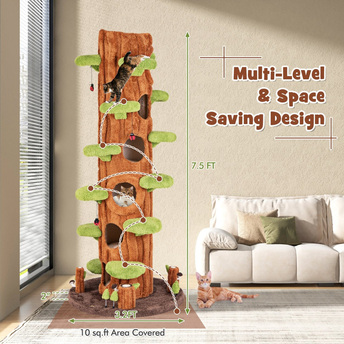 90.5 Inch Tree Trunk Cat Tower with Three Hollow Condos and Leaf Platforms