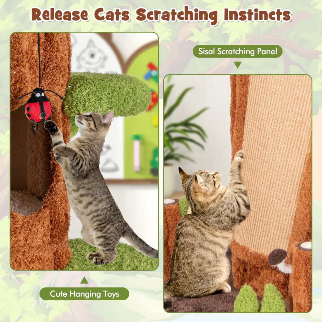 90.5 Inch Tree Trunk Cat Tower with Three Hollow Condos and Leaf Platforms