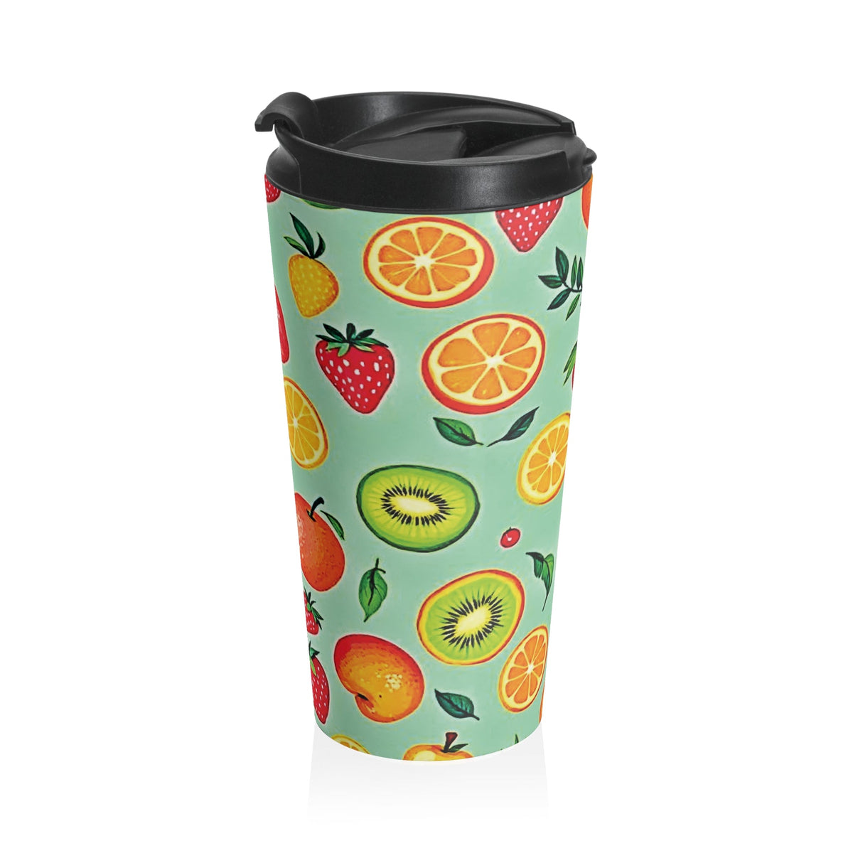 Colorful Fruit Pattern Travel Mug | Strawberry Apple Orange Kiwi Pineapple