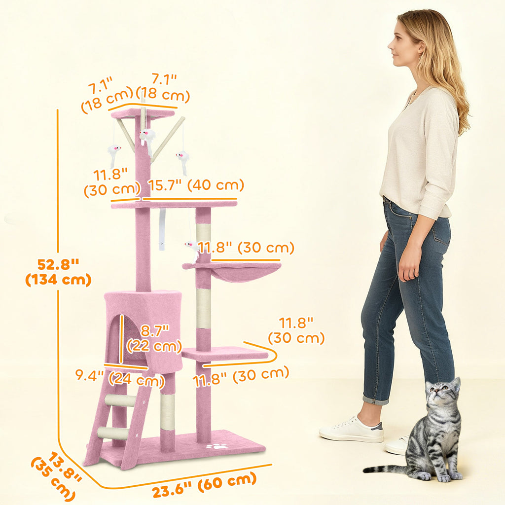 53" Cat Tree Tower, Kitten Activity Centre with Scratching Posts, Condo, Perches, Ladder, Hammock, Dangling Toys, Grey