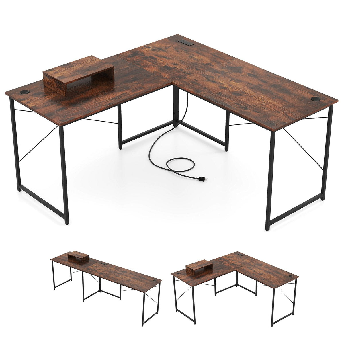 95 Inch 2-Person L-Shaped Long Reversible Computer Desk with Monitor Stand-Rustic Brown