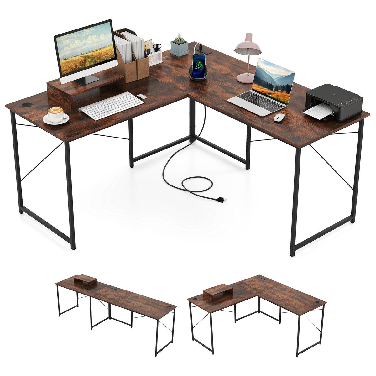 95 Inch 2-Person L-Shaped Long Reversible Computer Desk with Monitor Stand-Rustic Brown