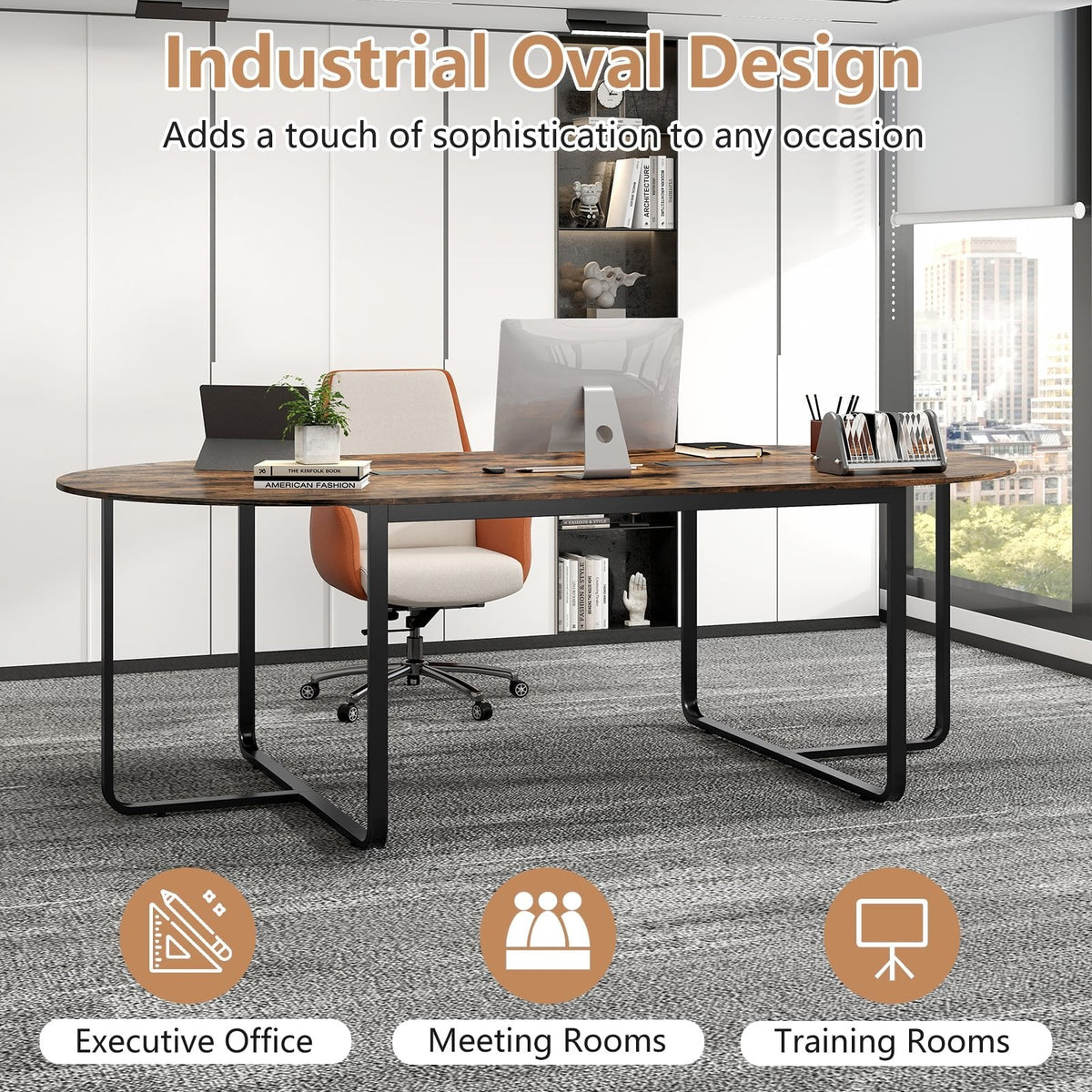 95 Inches Oval Conference Industrial Executive Table with Dual Cable Holes-Rustic Brown