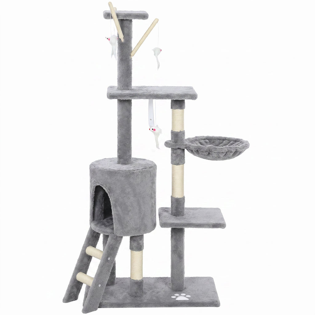 53" Cat Tree Tower, Kitten Activity Centre with Scratching Posts, Condo, Perches, Ladder, Hammock, Dangling Toys, Grey