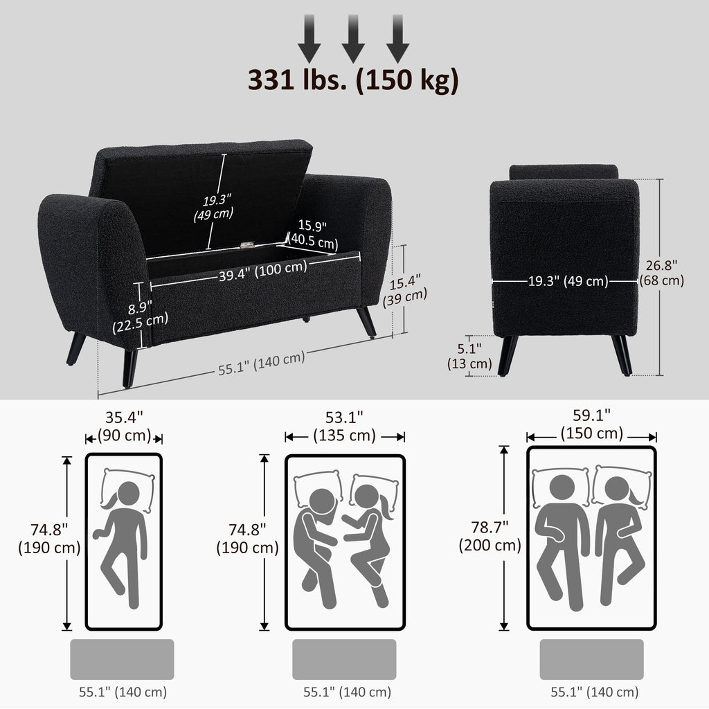 Upholstered Storage Bench with Arms, Modern Ottoman Bench for Bedroom, Entryway, and Living Room, Black