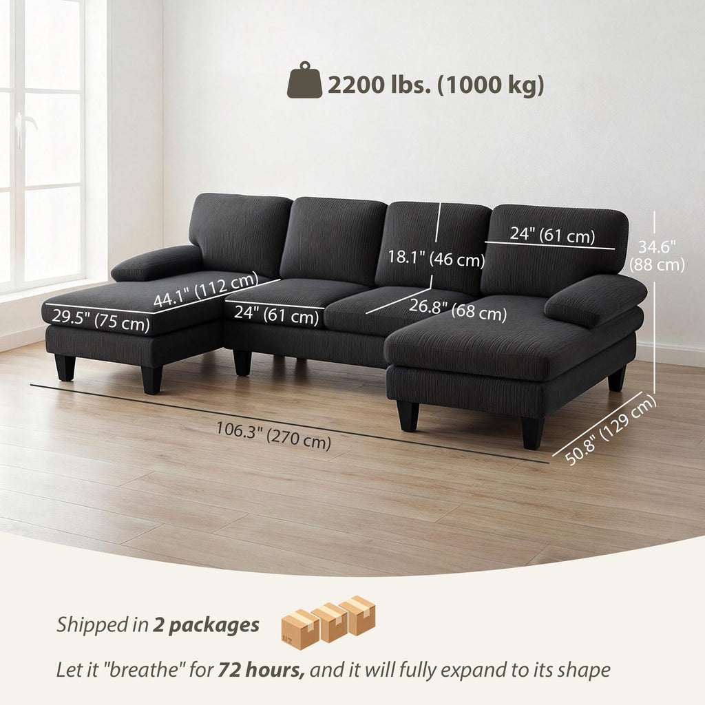 Sectional Sofa, U Shaped Couch with Double Chaise, Pillow-top Armrests and Spring Cushions, 2200lb Capacity, Beige