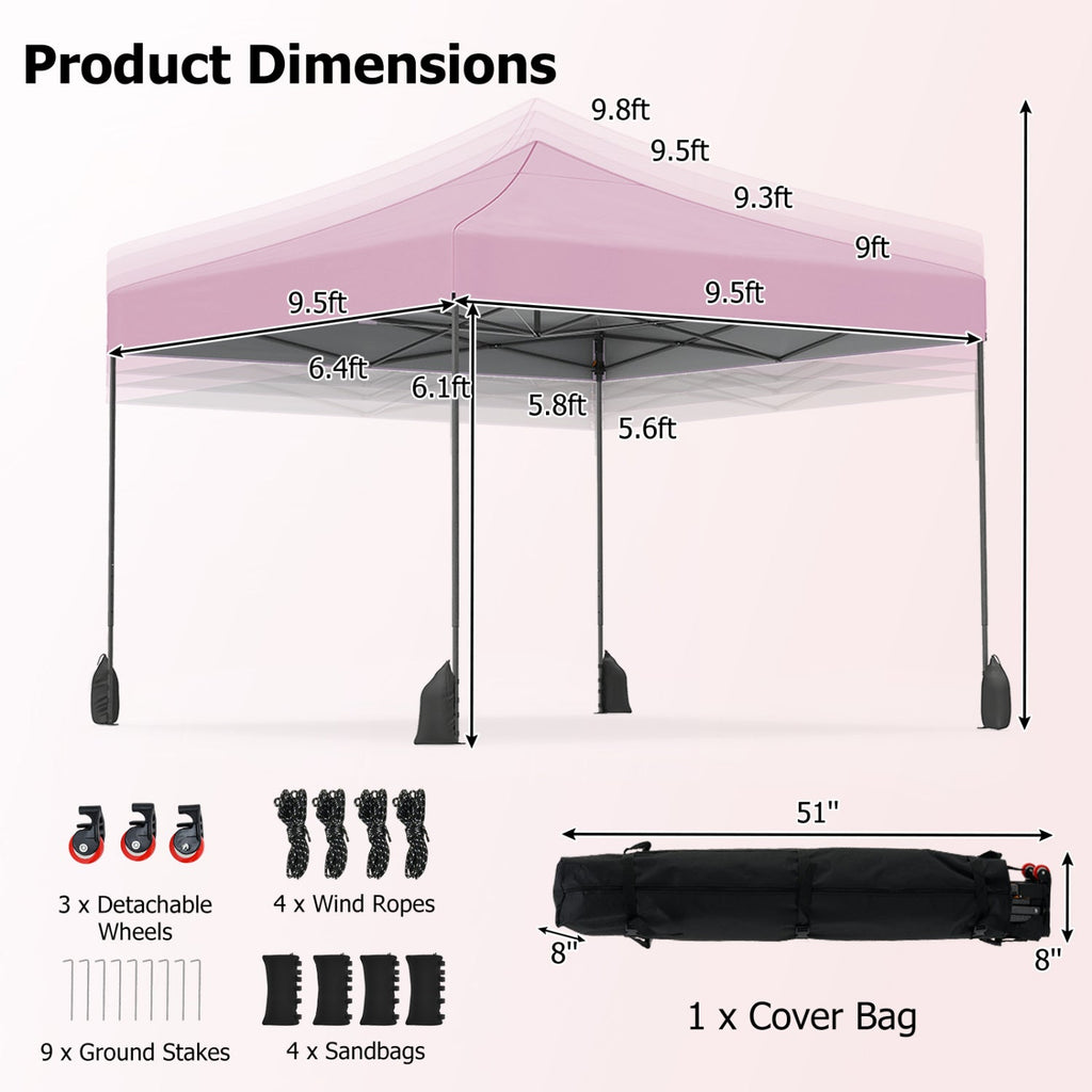 9.5 x 9.5 Feet Pop up Canopy Tent with Adjustable Heights-Pink