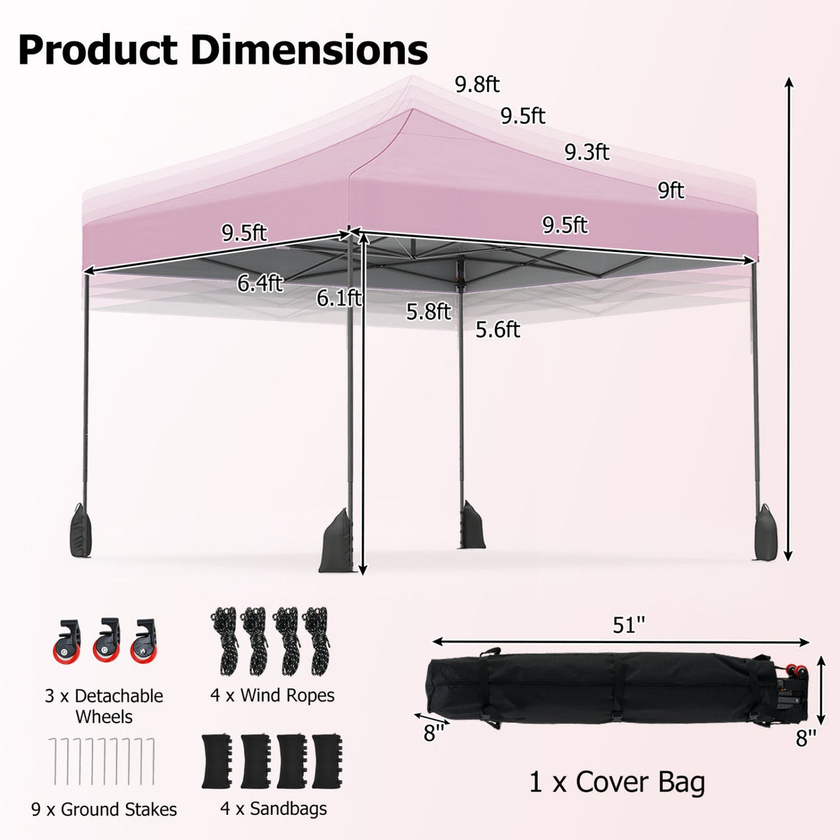 9.5 x 9.5 Feet Pop up Canopy Tent with Adjustable Heights-Pink