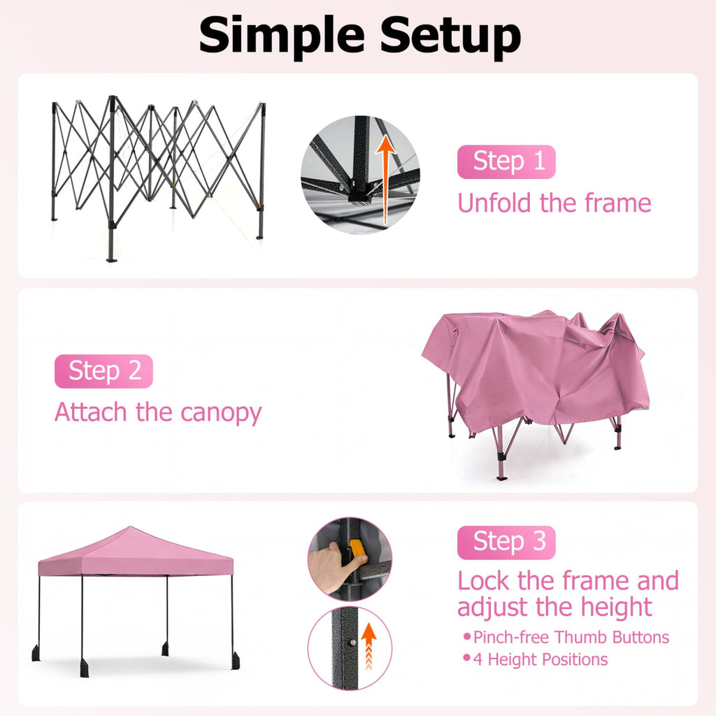 9.5 x 9.5 Feet Pop up Canopy Tent with Adjustable Heights-Pink