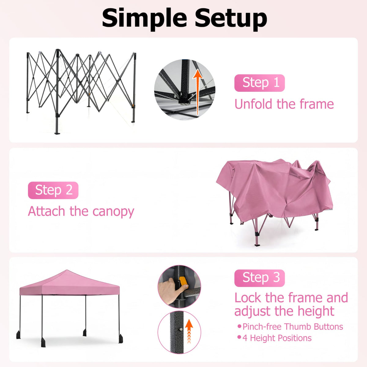 9.5 x 9.5 Feet Pop up Canopy Tent with Adjustable Heights-Pink
