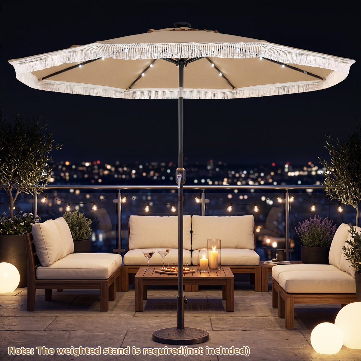 9 Feet Solar Patio Umbrella with 24 LED Lights for Yard-Beige