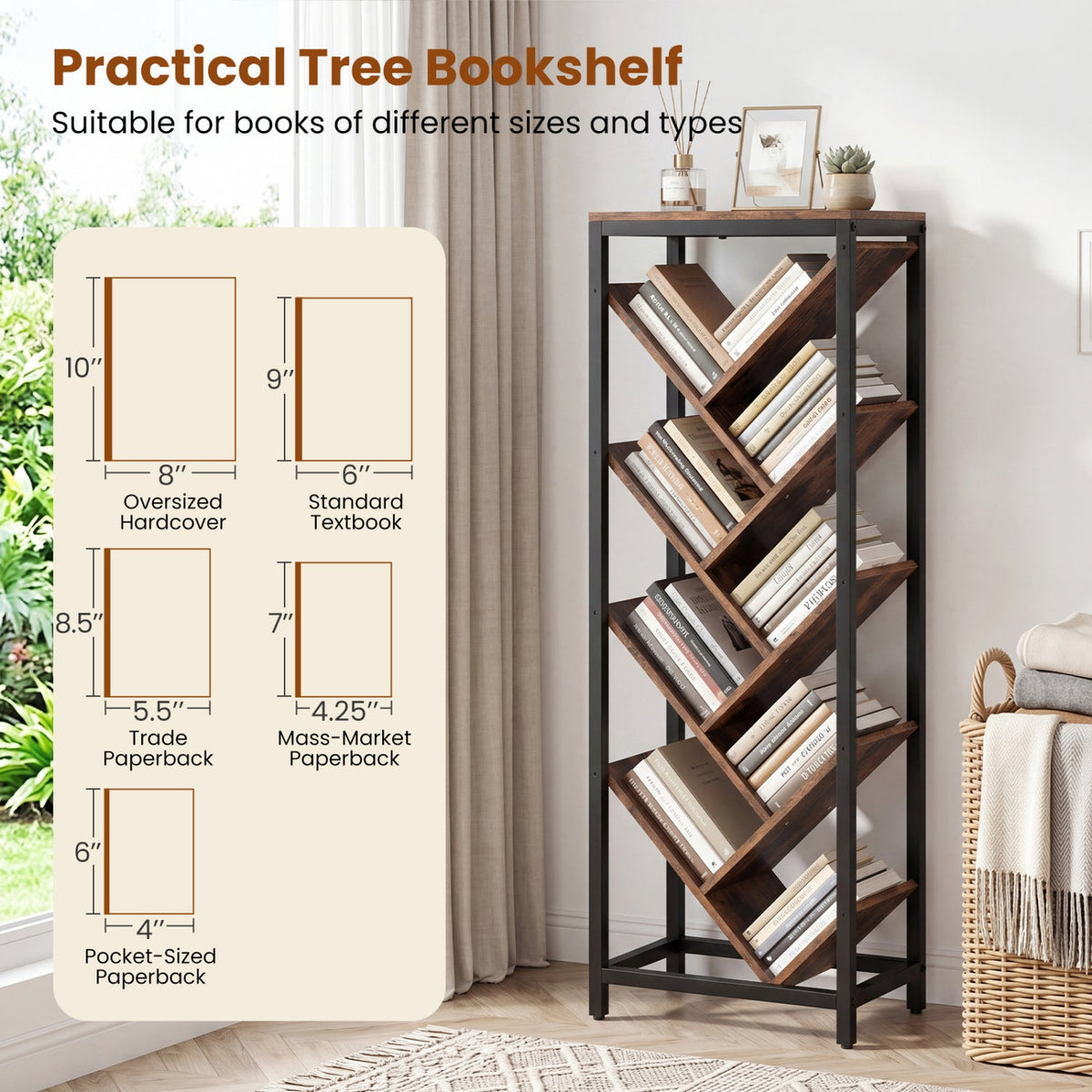 9-Tier Freestanding Bookcase for Hardcover Books-Rustic Brown