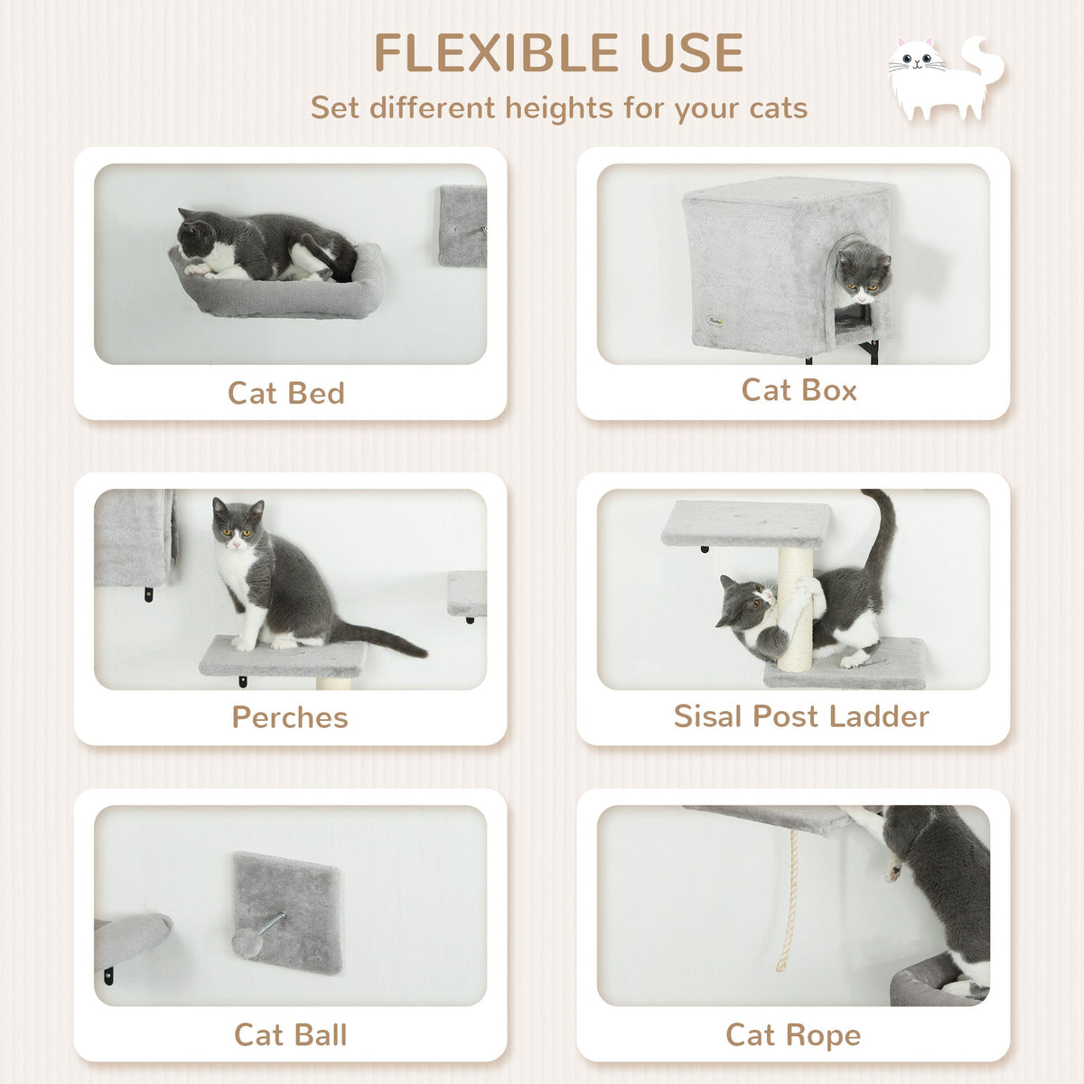 Cat Wall Shelves Set of 7, Shelves and Perches with House, Sisal Post Ladder, Bed & Ball, Grey
