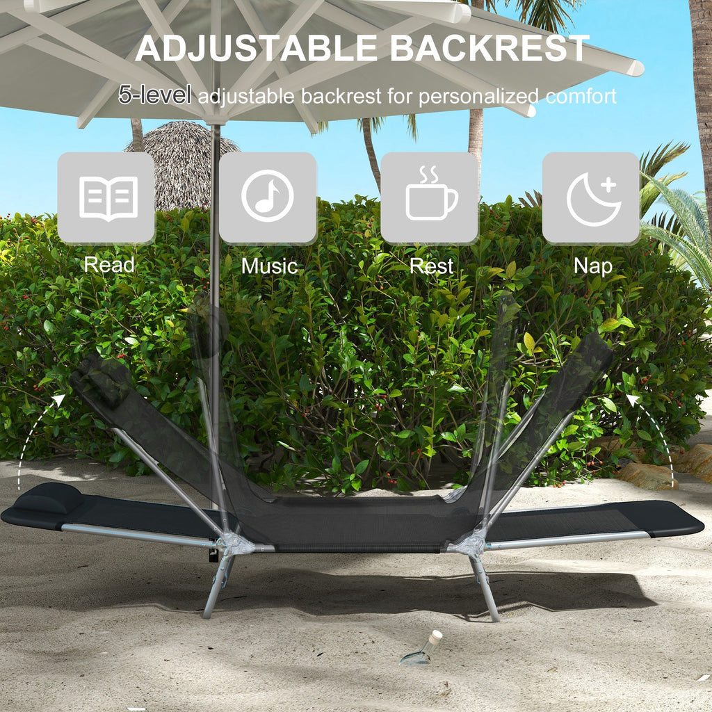 Folding Outdoor Lounge Chair Set of 2, Reclining Tanning Chair with 5-Position Adjustable Backrest, Black