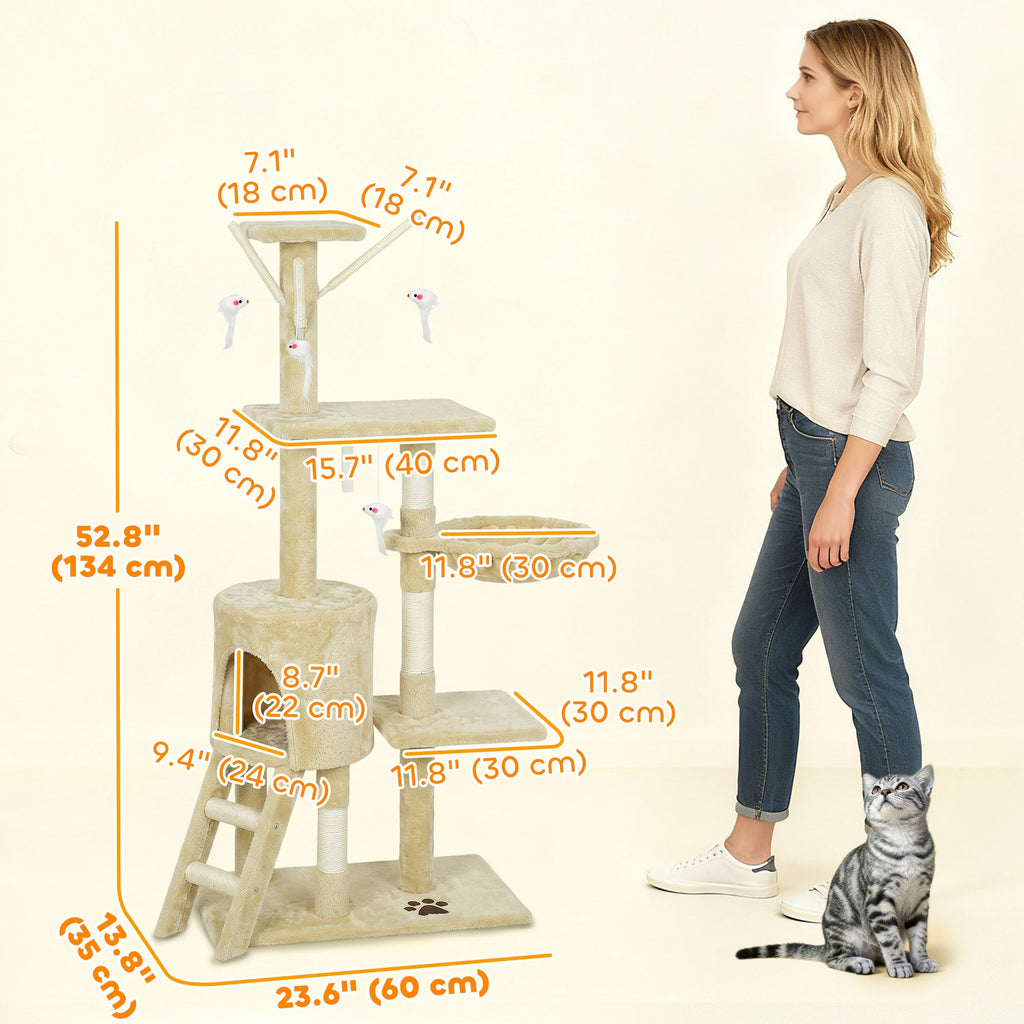 53" Cat Tree Tower, Kitten Activity Centre with Scratching Posts, Condo, Perches, Ladder, Hammock, Dangling Toys, Grey