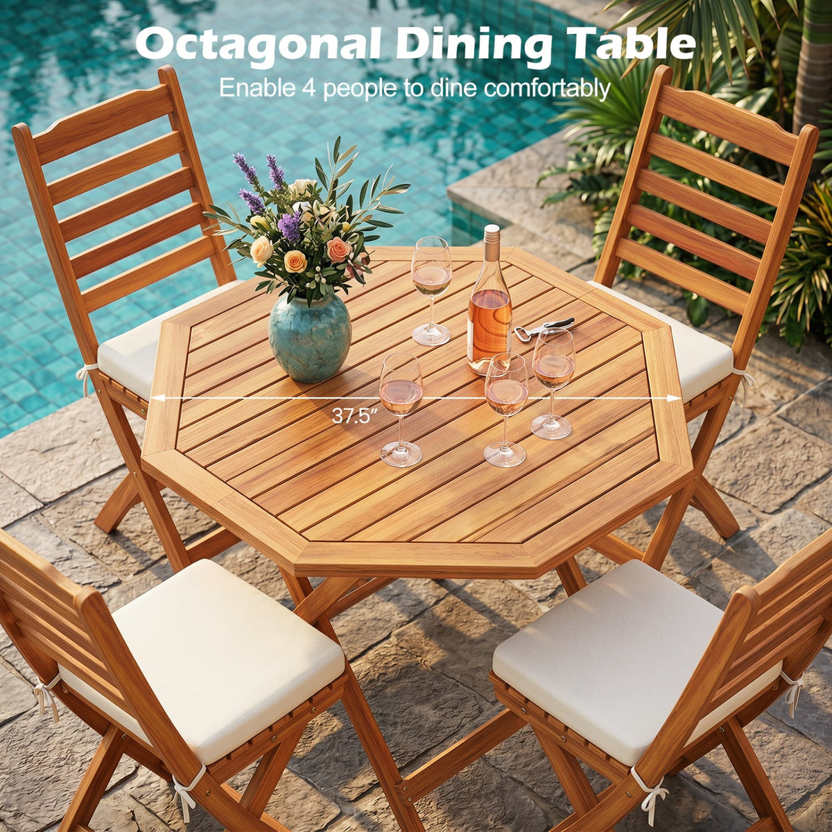Acacia Wood Outdoor Folding Dining Table for 4 Octagonal with Slatted Tabletop