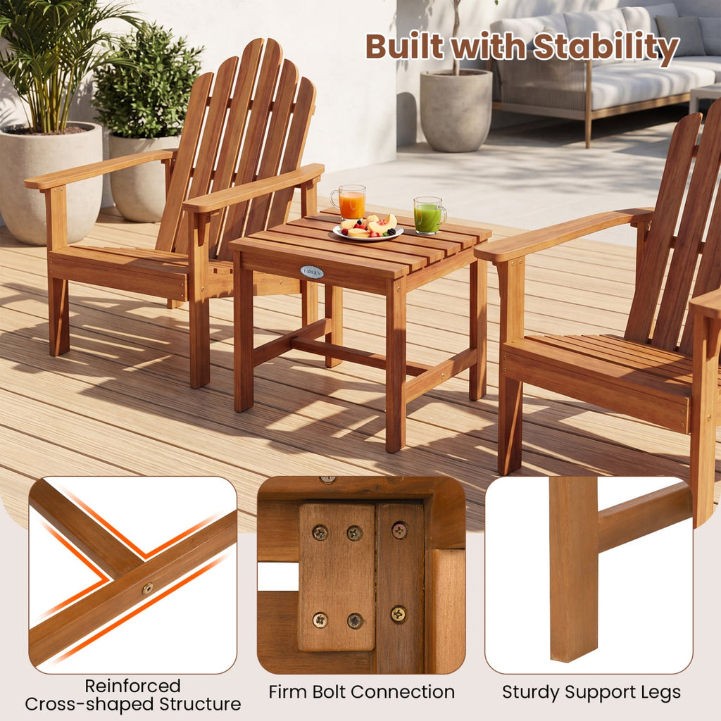 3 Piece Acacia Wood Adirondack Chair Set with Side Table