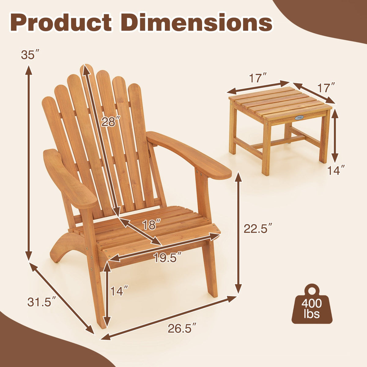 3 Piece Acacia Wood Adirondack Chair Set with Side Table