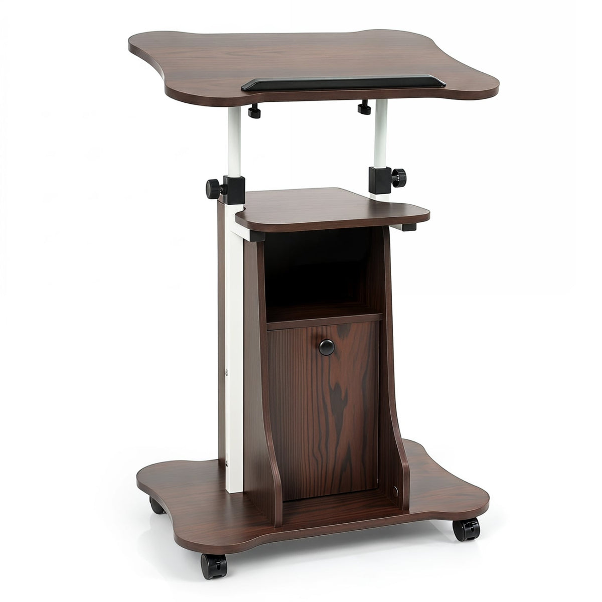 Adjustable Mobile Standing Desk Cart with Tilt Desktop and Cabinet-Brown