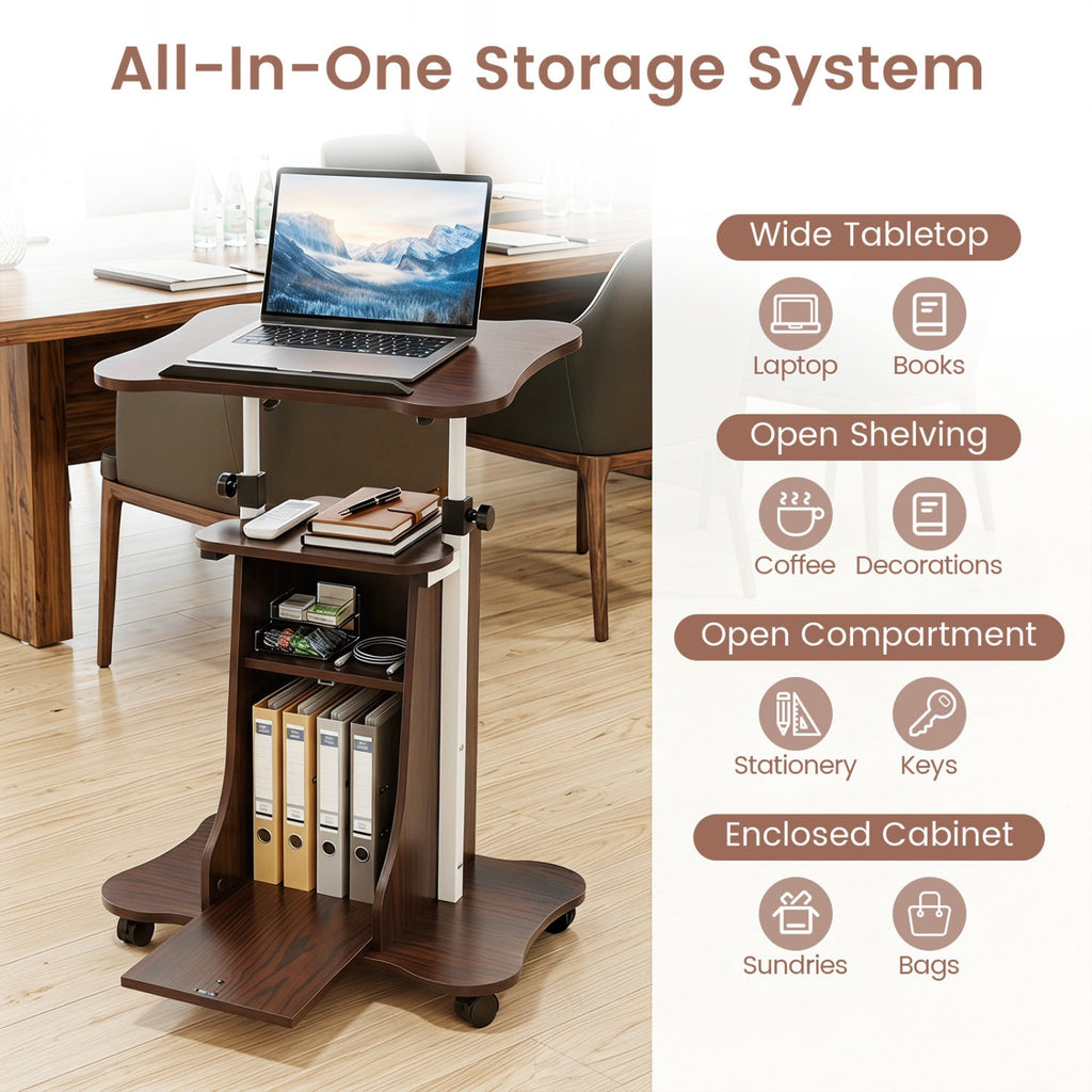 Adjustable Mobile Standing Desk Cart with Tilt Desktop and Cabinet-Brown