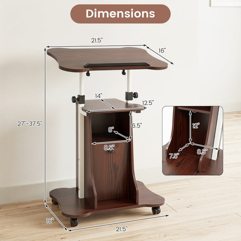 Adjustable Mobile Standing Desk Cart with Tilt Desktop and Cabinet-Brown