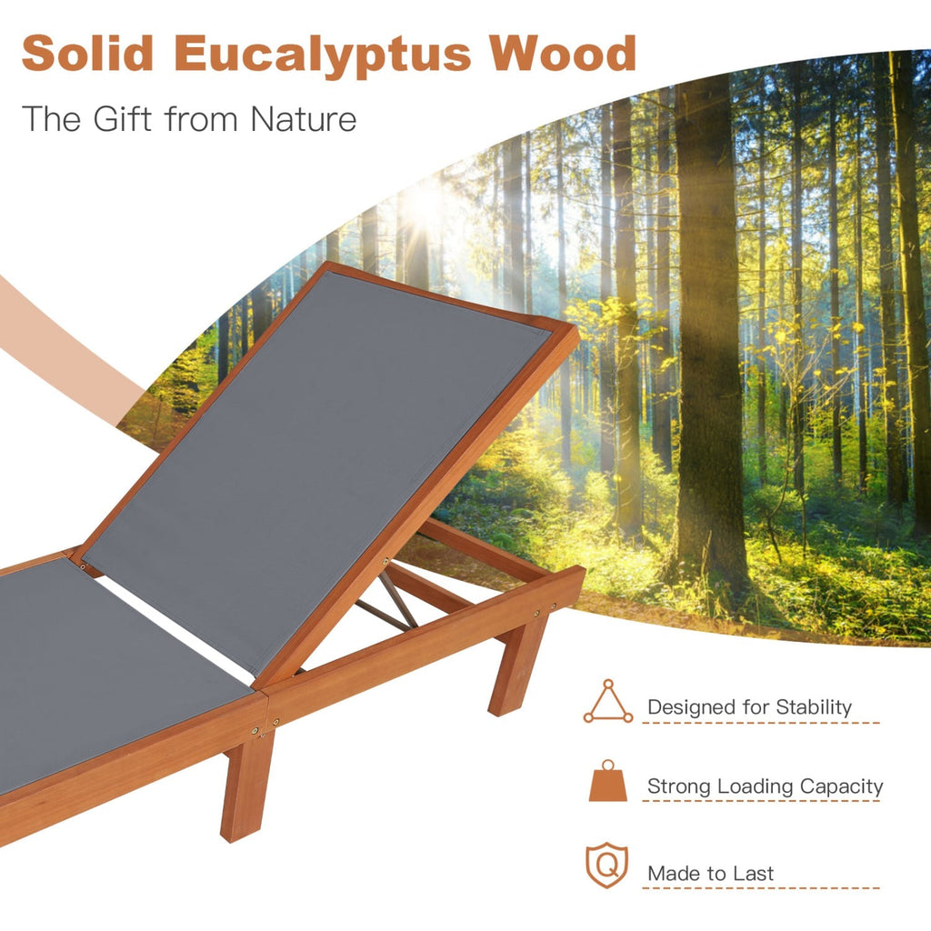 Eucalyptus Wood Chaise Lounge with Sling Seat and 5 Positions, 79 in