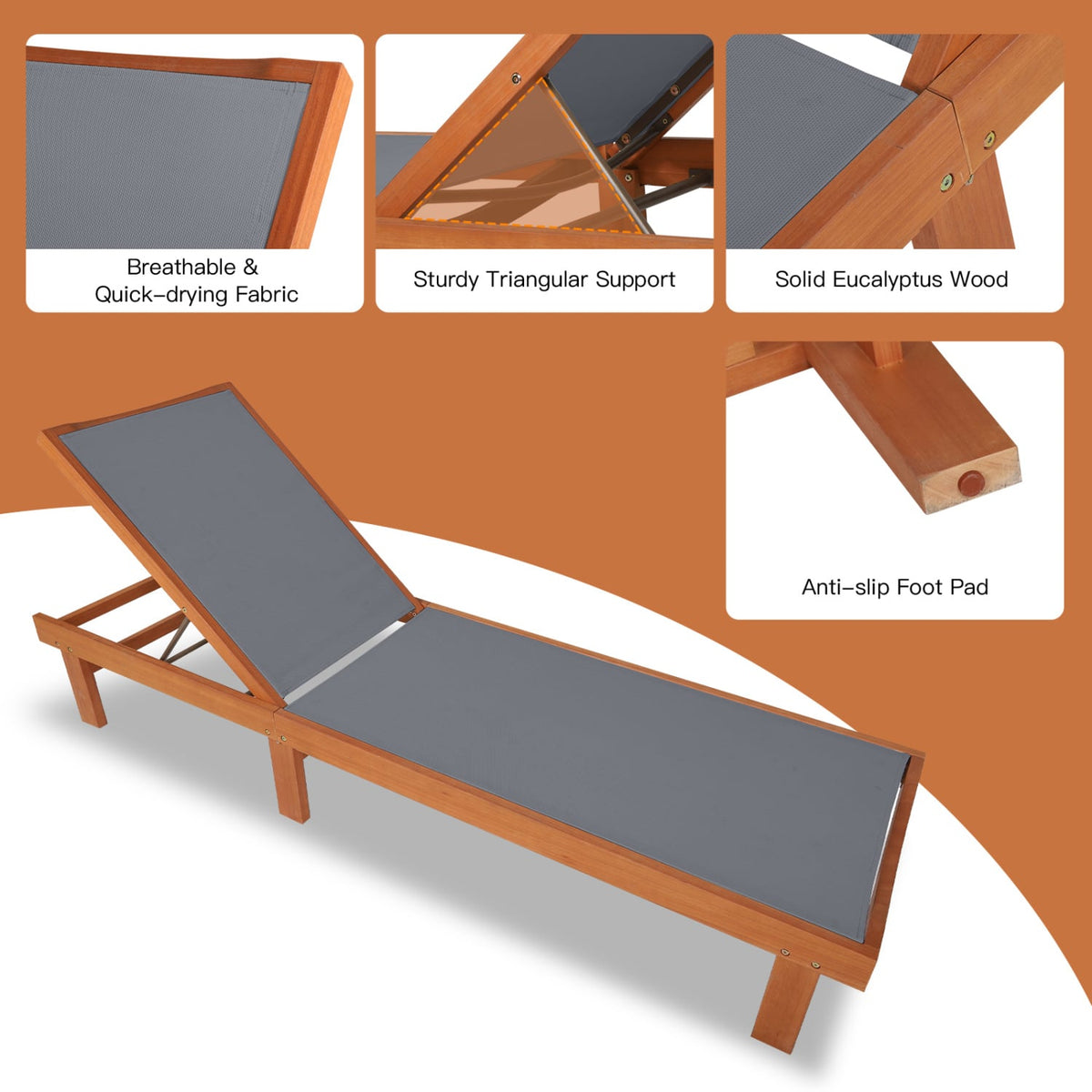 Eucalyptus Wood Chaise Lounge with Sling Seat and 5 Positions, 79 in