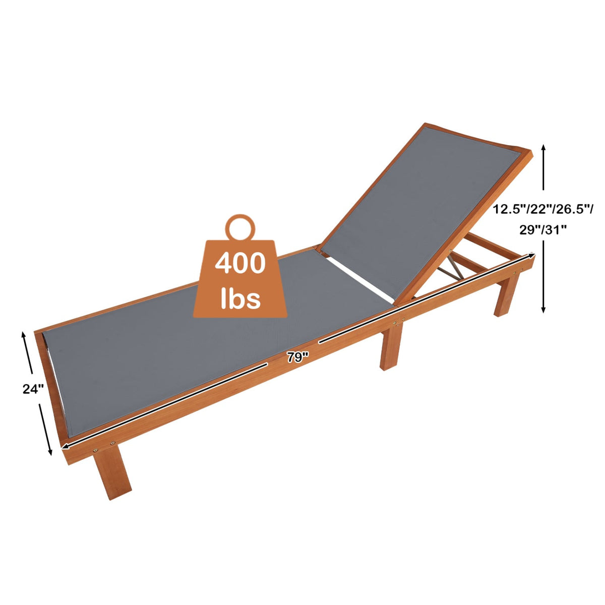 Eucalyptus Wood Chaise Lounge with Sling Seat and 5 Positions, 79 in